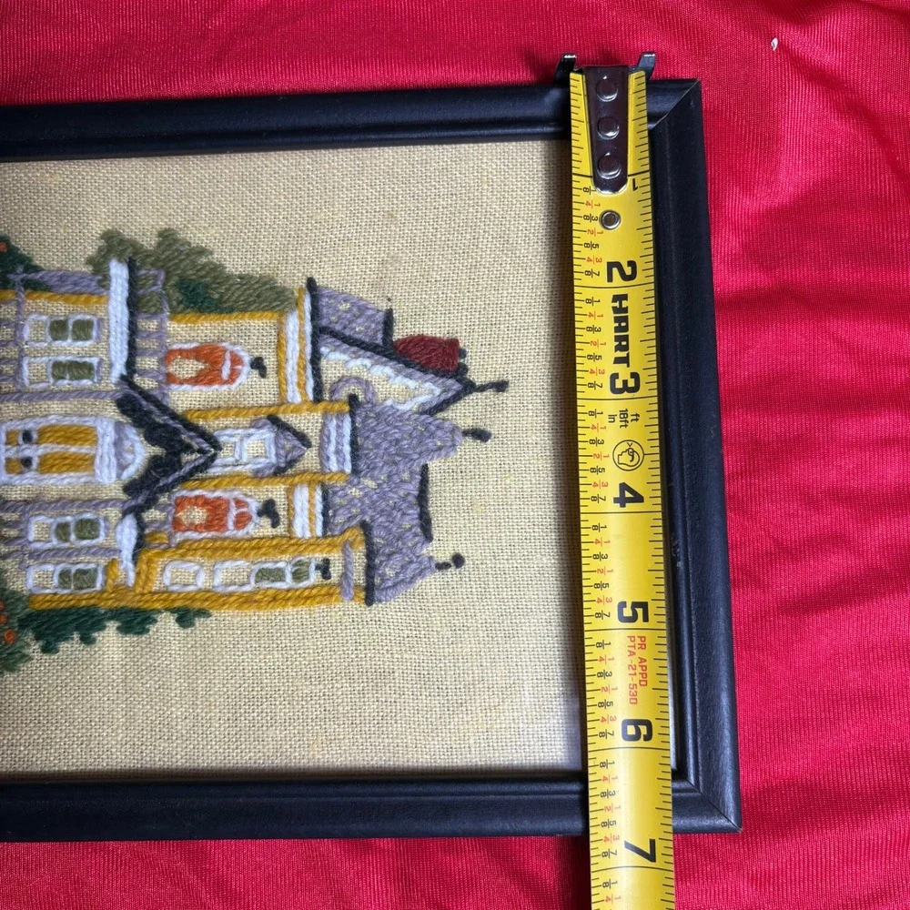 Vtg Handmade Crewel Embroidery Needlework Trio Victorian House Daisies Carriage